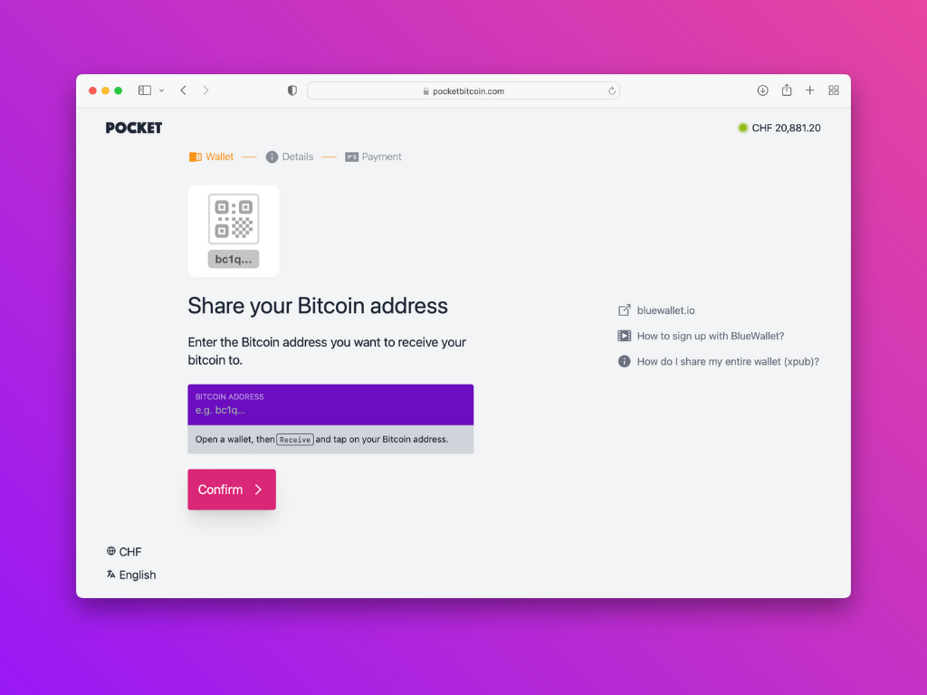 Screenshot of the Pocket website asking you to share the Bitcoin address