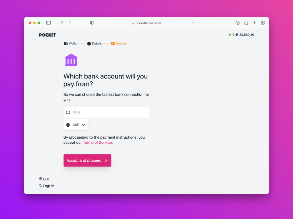 Screenshot of the Pocket website with the request to enter the bank account
