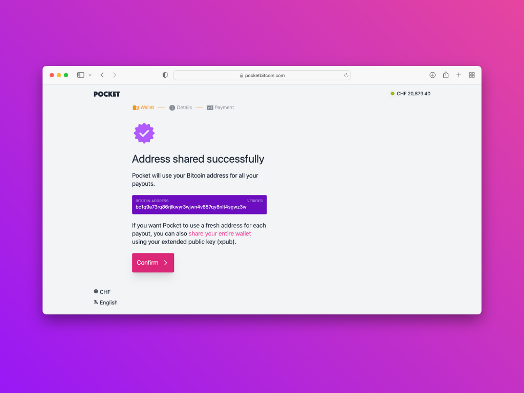 Screenshot of the Pocket website that you have successfully shared the bitcoin address