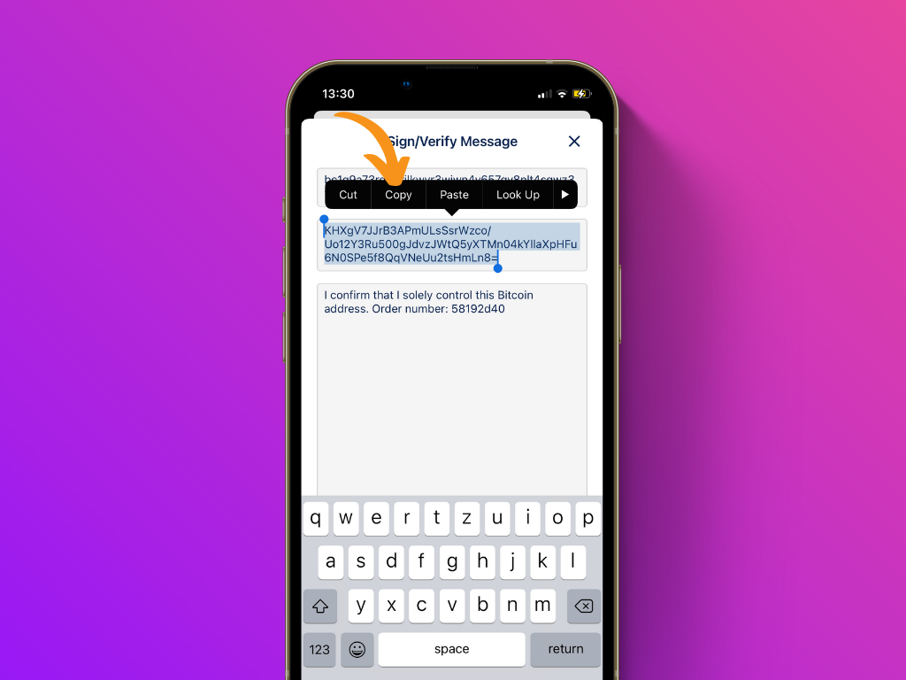 Screenshot of BlueWallet to copy the signature
