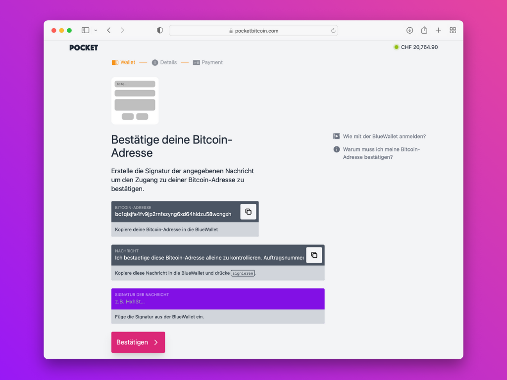 Bildschirmfoto der Pocket-Website, um die Bitcoin-Adresse zu bestätigen 
