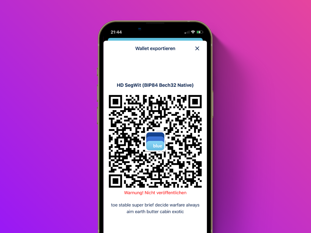 Bildschirmfoto der BlueWallet mit dem QR-Code für den Export deiner Wallet