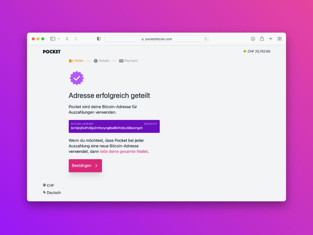 Bildschirmfoto der Pocket-Website, dass man erfolgreich die Bitcoin-Adresse geteilt hat