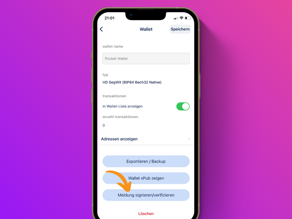 Bildschirmfoto Menü der BlueWallet mit der Option Meldung signieren/verifizieren
