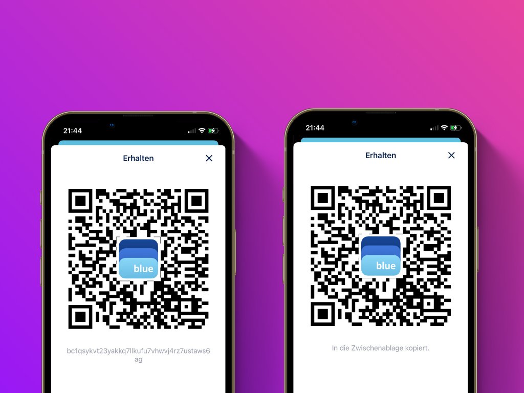 Bildschirmfoto der BlueWallet mit dem QR-Code und der Bitcoin-Adresse