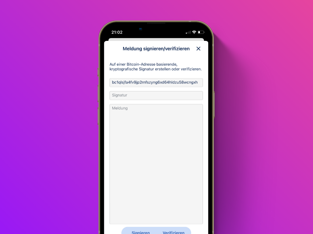 Bildschirmfoto der BlueWallet mit je ein Feld für Signatur und für Meldung