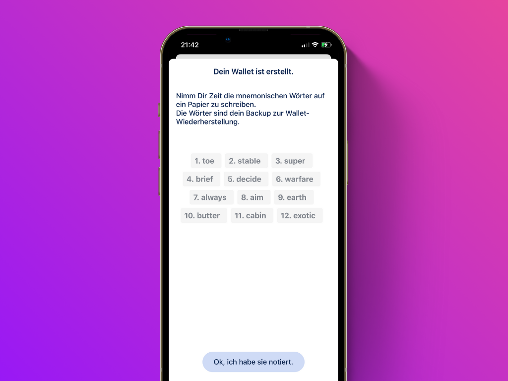 Bildschirmfoto der BlueWallet mit der Wiederherstellungsphrase