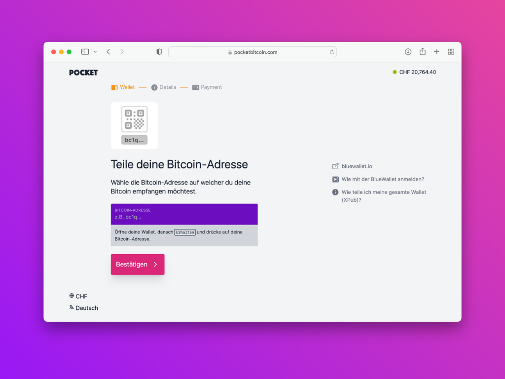 Bildschirmfoto der Pocket-Website mit der Aufforderung die Bitcoin-Adresse zu teilen