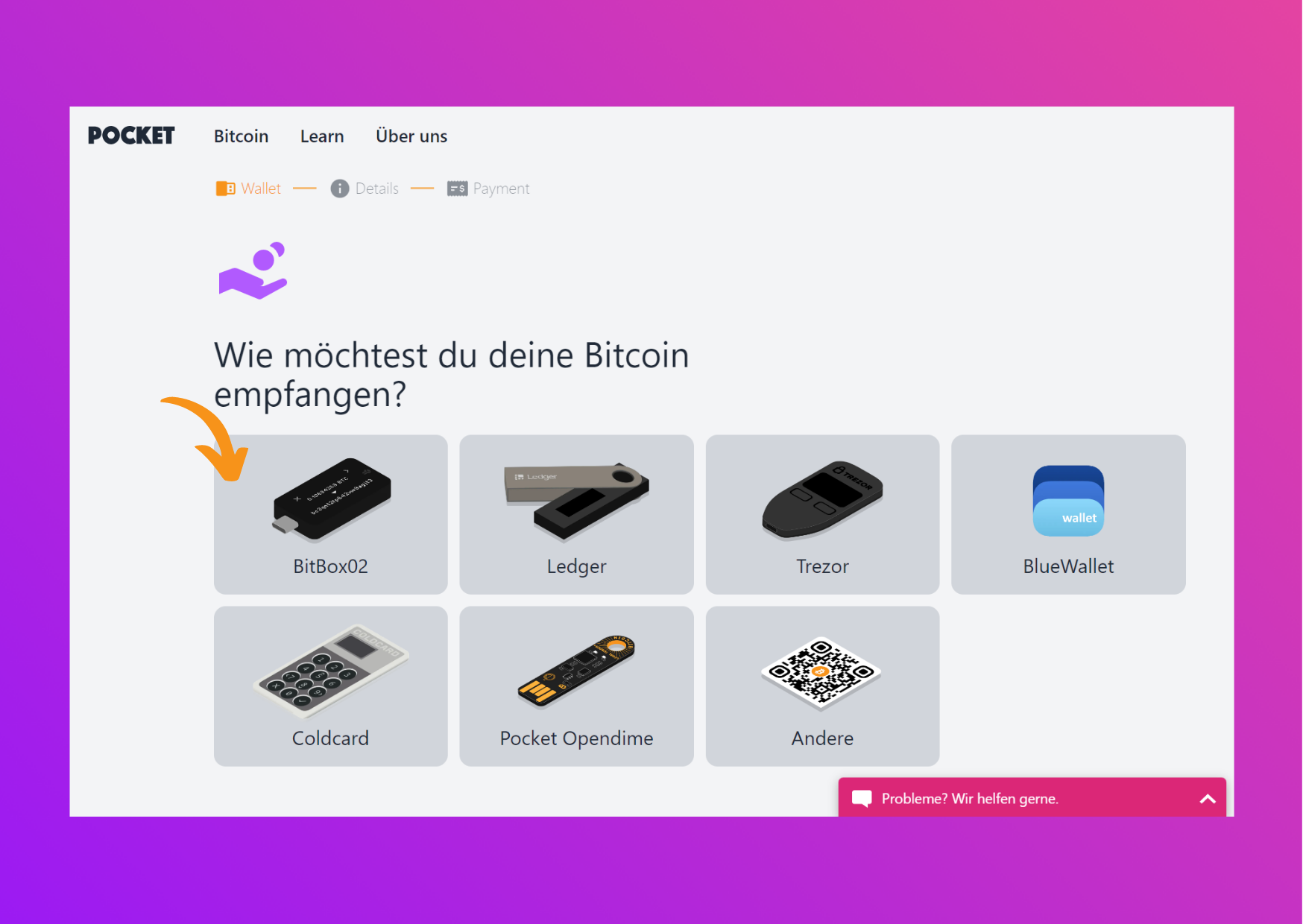 Bildschirmfoto mit der Pocket-Website mit der Option Bitbox02