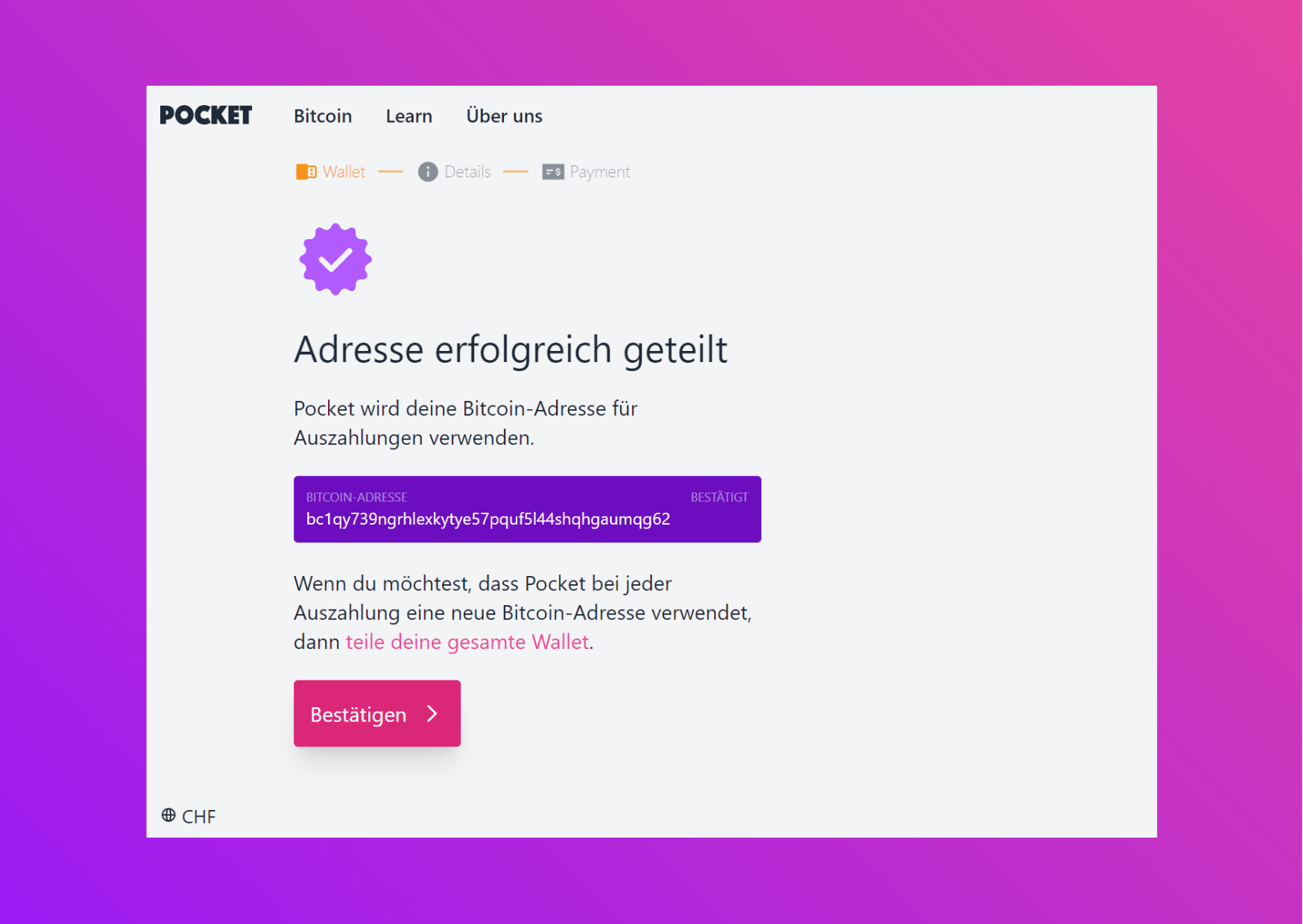 Bildschirmfoto mit der Pocket Website mit der bestätigten Adresse