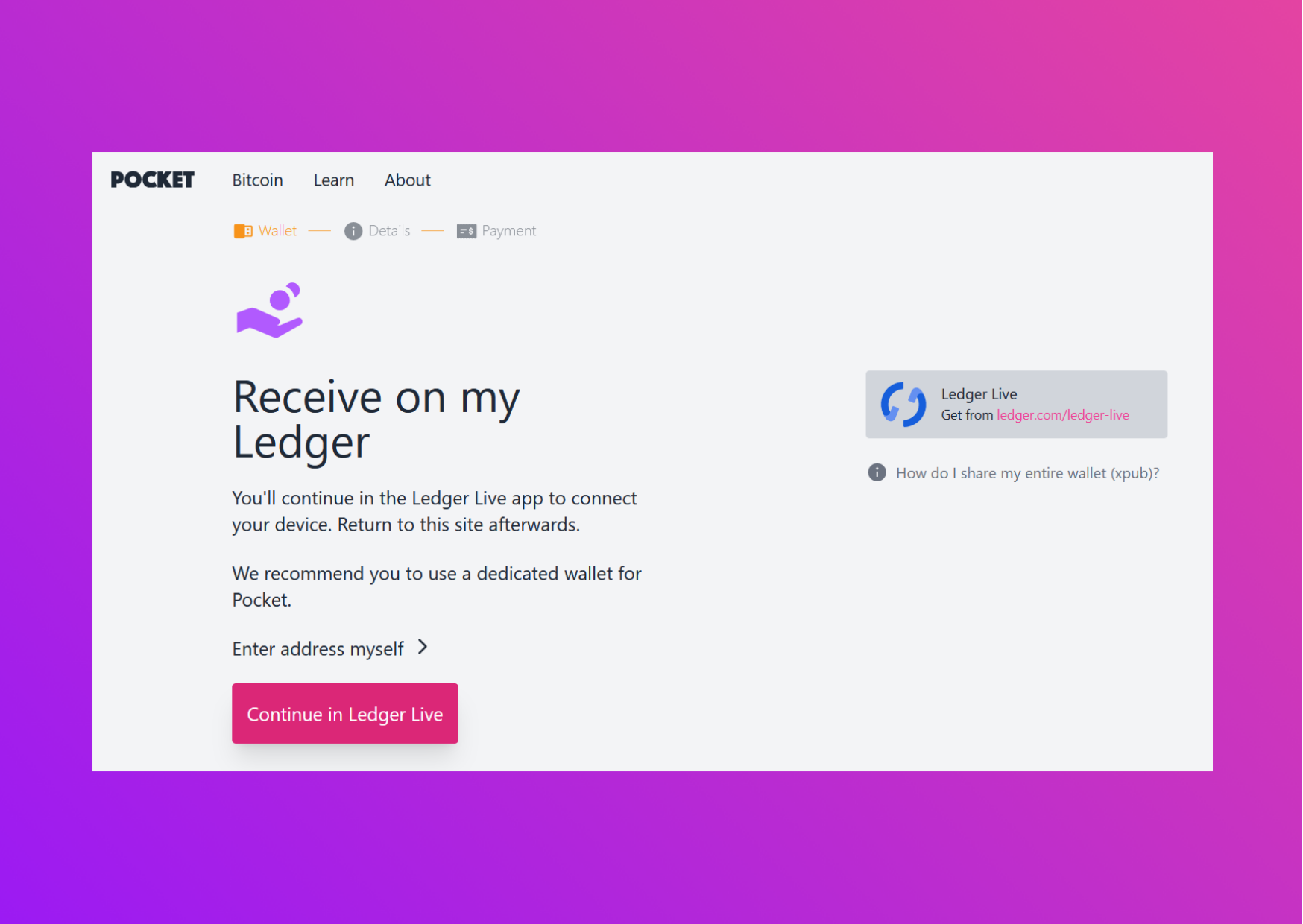 Screenshot showing the Pocket website redirecting to Ledger Live