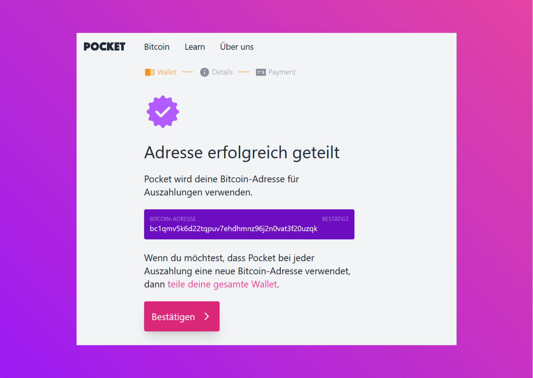 Bildschirmfoto mit der Pocket Website mit der bestätigten Adresse