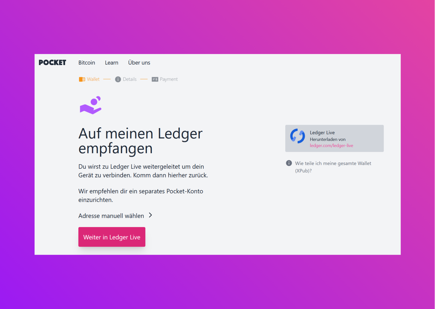 Bildschirmfoto mit der Pocket-Website mit der Weiterleitung zu Ledger Live