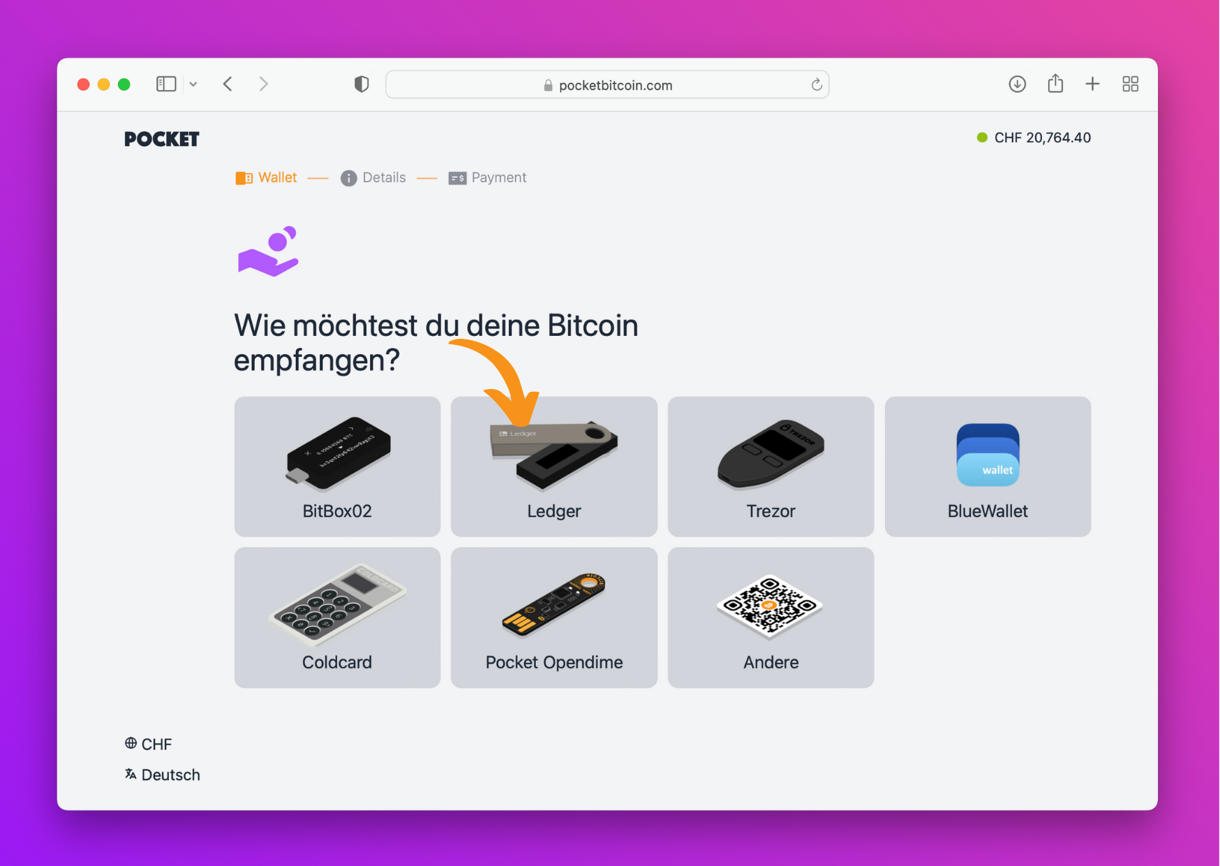 Bildschirmfoto mit der Pocket-Website mit der Option Ledger