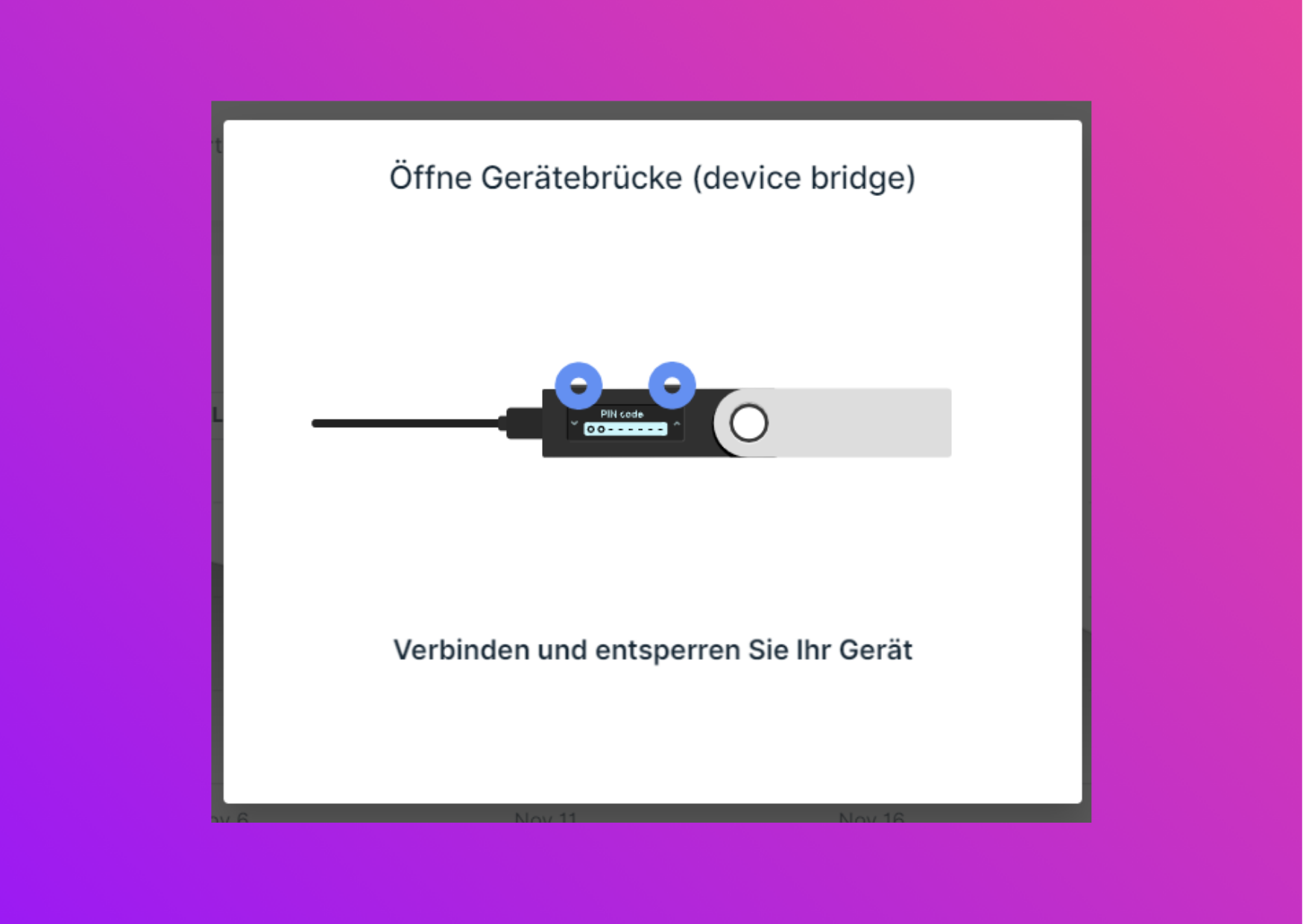 Bildschirmfoto mit Ledger Live mit der Aufforderung, den Ledger zu verbinden