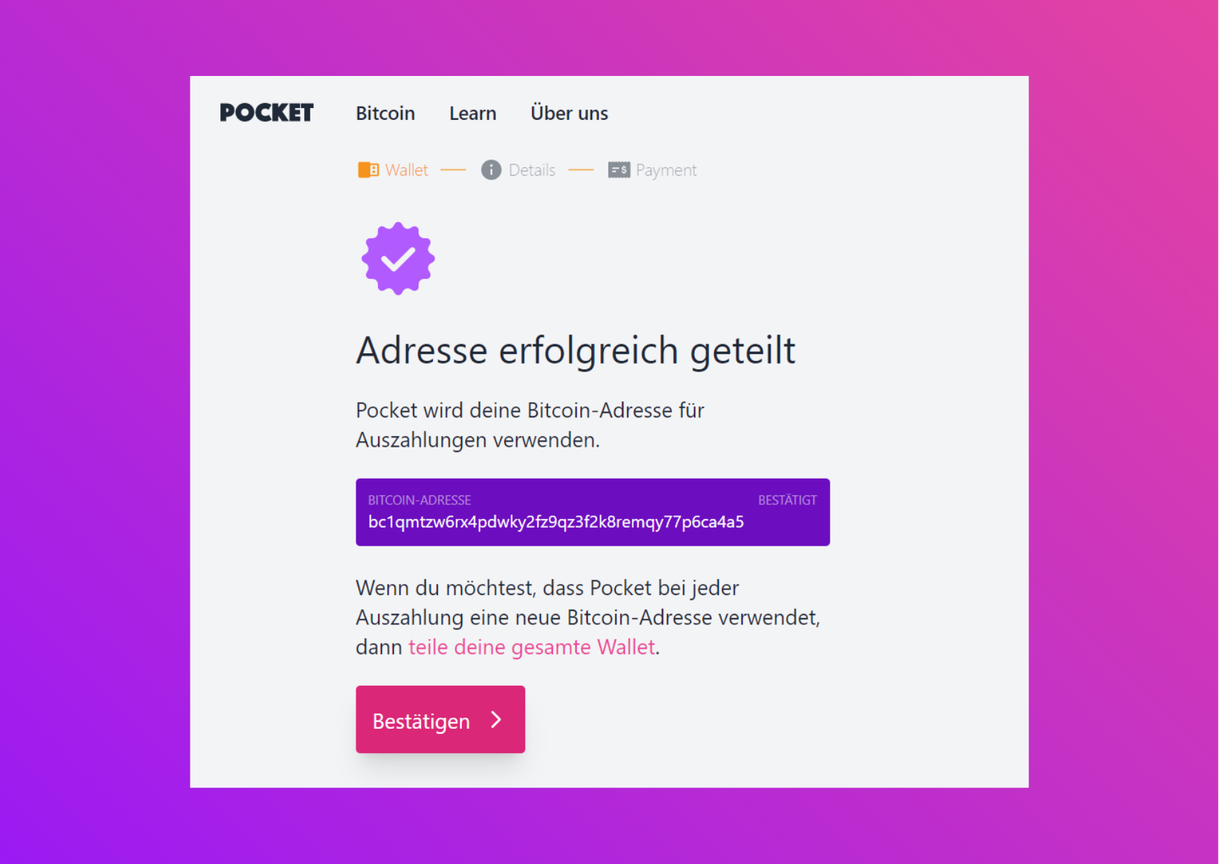 Bildschirmfoto mit der Pocket Website mit der bestätigten Adresse