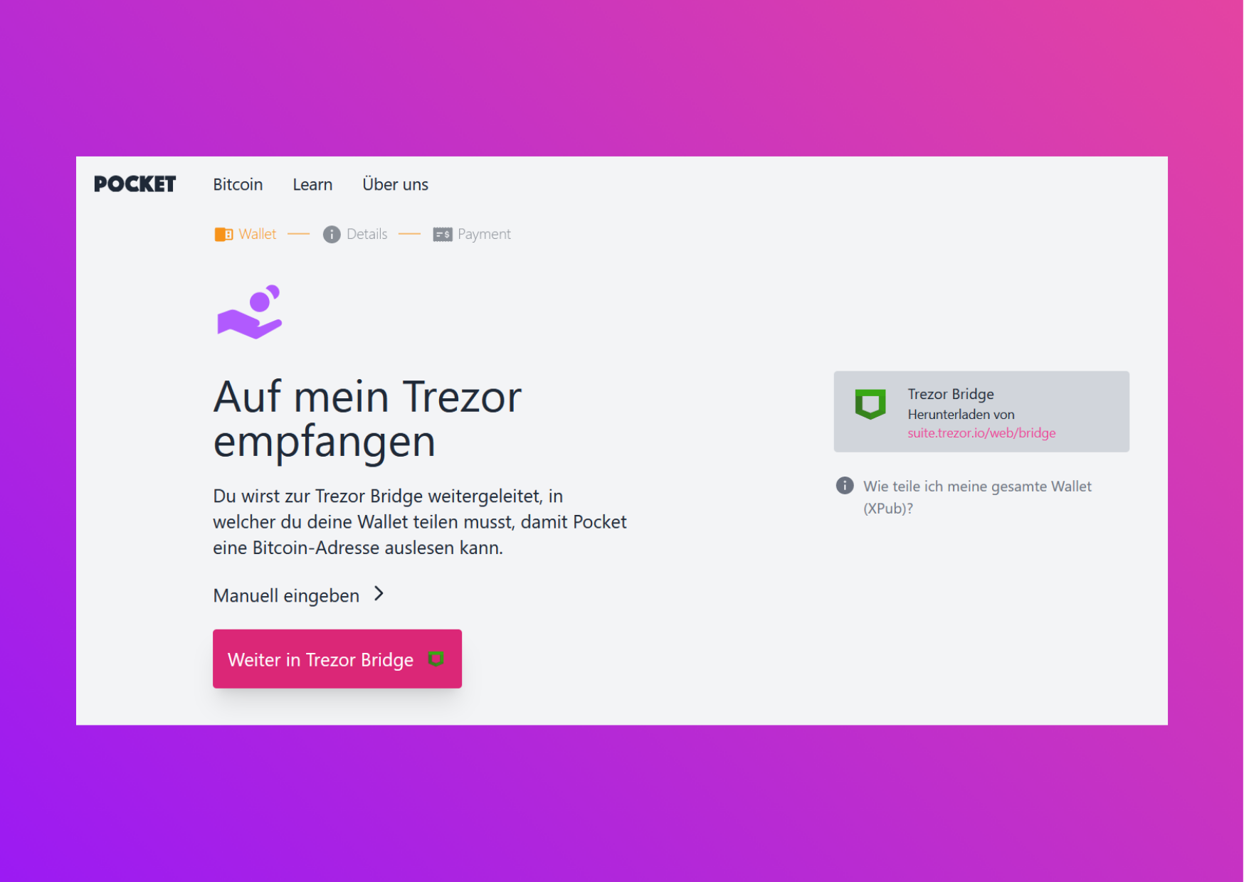 Bildschirmfoto mit der Pocket-Website mit der Weiterleitung zu Trezor Bridge