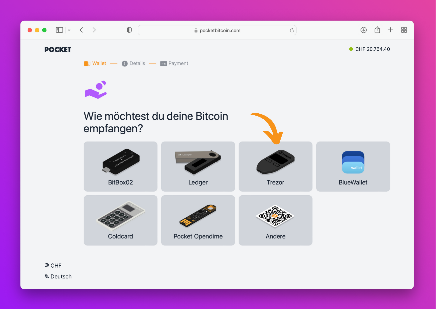 Bildschirmfoto mit der Pocket-Website mit der Option Trezor