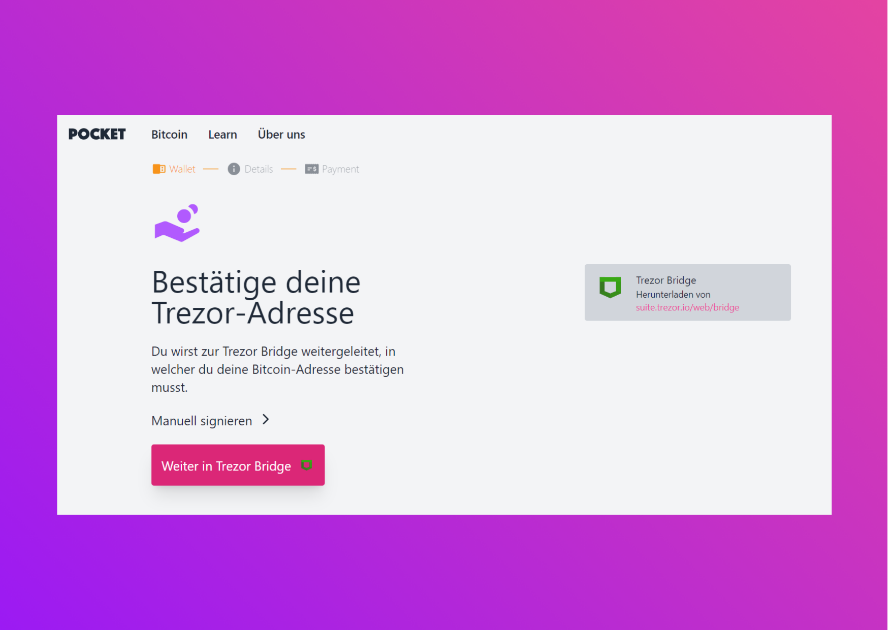 Bildschirmfoto mit der Pocket-Website mit der Weiterleitung zu Trezor Bridge