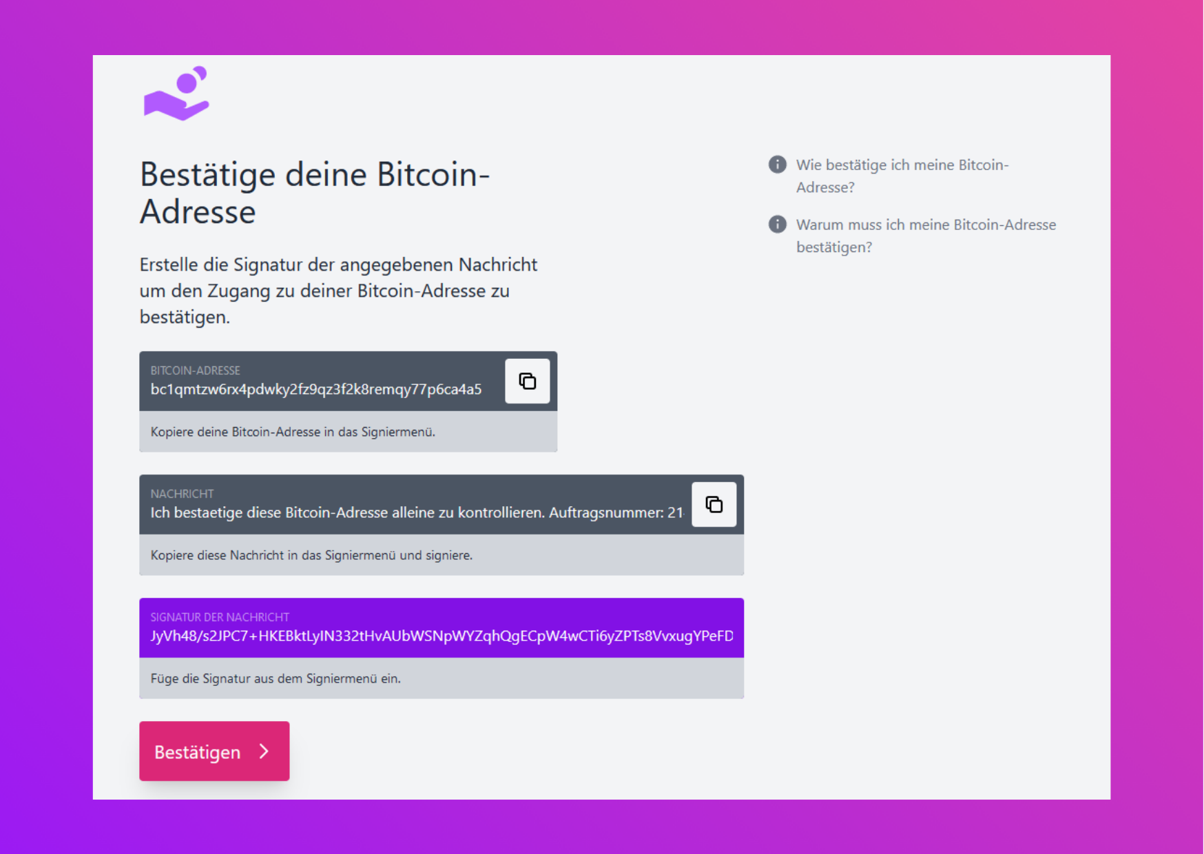 Bildschirmaufnahme Pocket Website Bestätige deine Bitcoin-Adresse