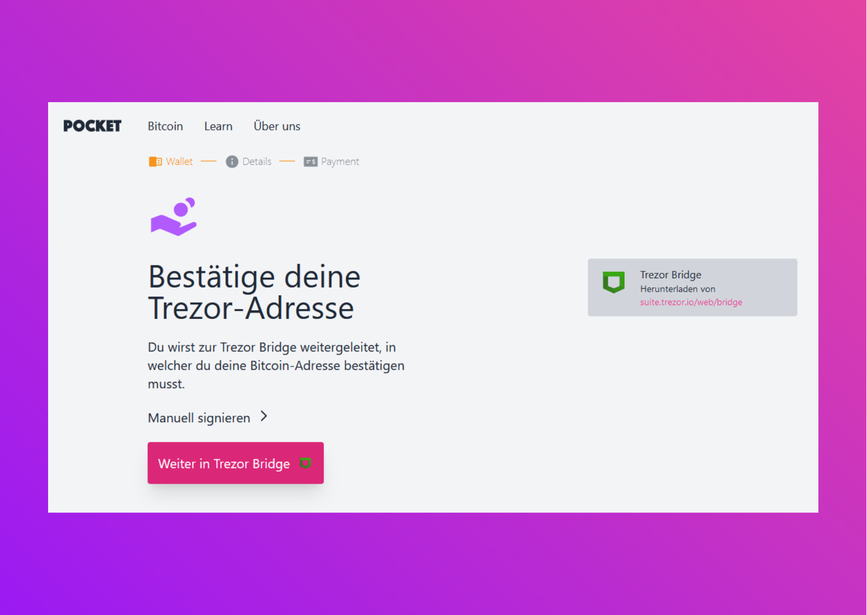 Bildschirmaufnahme Pocket Website Bestätige deine Trezor-Adresse