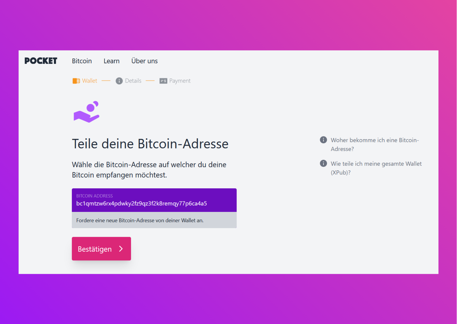 Bilfschirmaufnahme Pocket Website Teile deine Bitcoin-Adresse