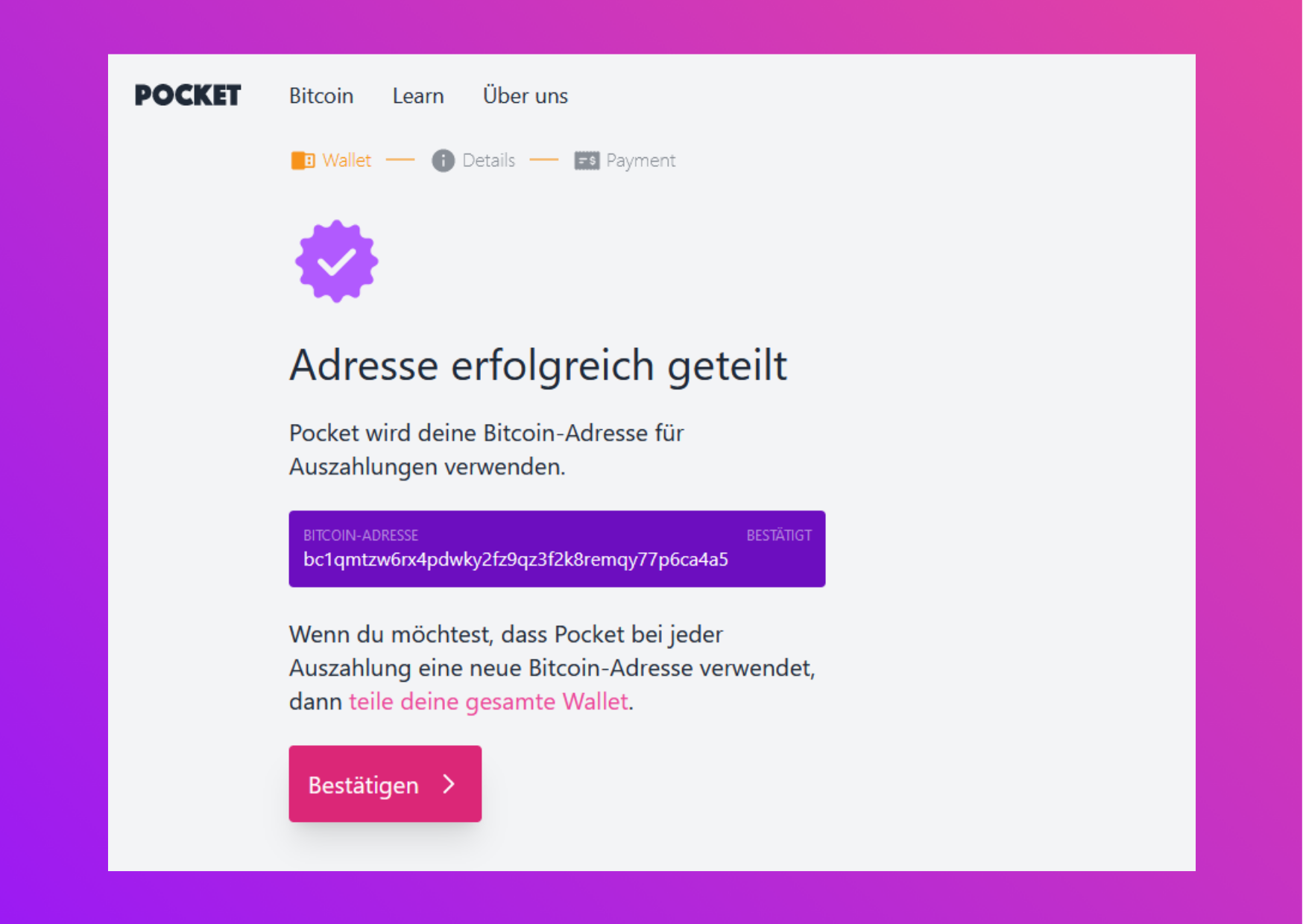 Bildschirmaufnahme Pocket Website Adresse erfolgreich geteilt