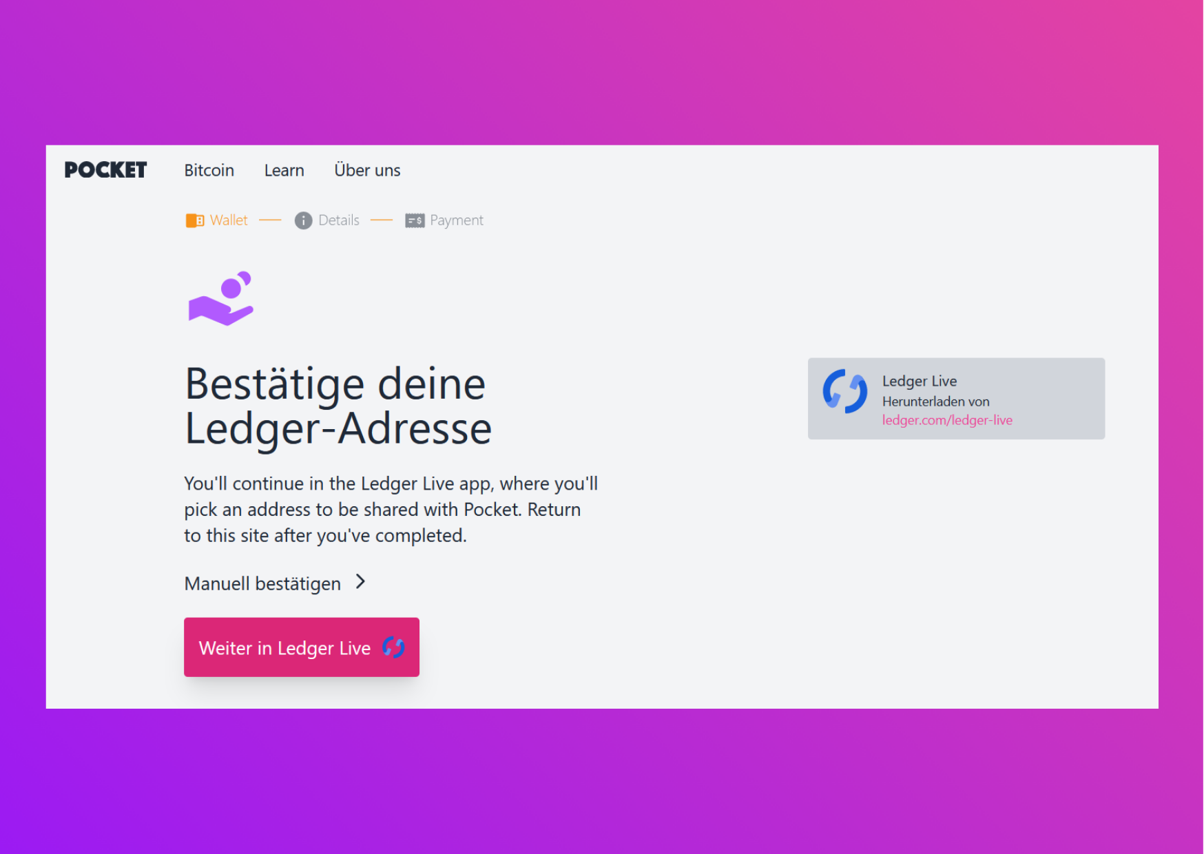 Bildschirmfoto Pocket-Website mit der Aufforderung deine Ledger-Adresse zu bestätigen