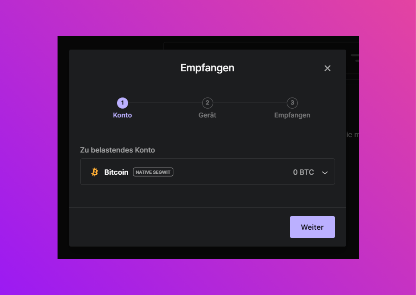 Bildschirmfoto Ledger Live Bitcoin empfangen