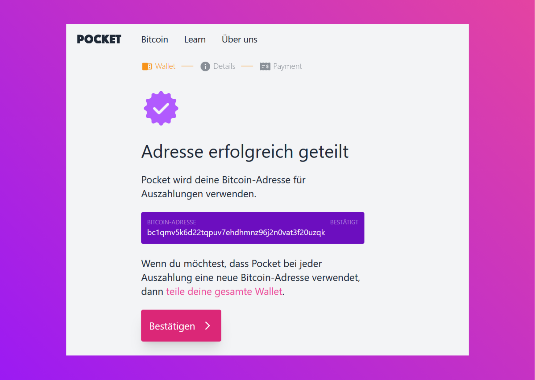 Bildschirmfoto der Pocket-Website Adresse erfolgreich geteilt